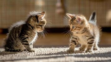 Two playful kittens interacting on a soft carpet in warm sunlight. photo