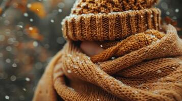 A person bundled in a warm, knitted scarf and hat, surrounded by falling snowflakes. photo