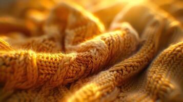 A close-up of a textured yellow knitted blanket illuminated by warm sunlight. photo