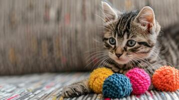 A playful kitten rests beside colorful yarn balls on a patterned surface. photo
