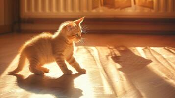 A playful kitten explores a sunlit room, casting a soft shadow on the floor. photo