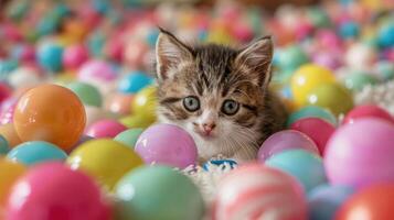 A cute kitten surrounded by colorful plastic balls, creating a playful and cheerful scene. photo