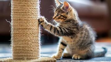 A playful kitten scratching a rope-covered post, showcasing its natural behavior. photo