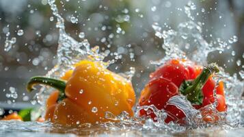 Two bell peppers, one yellow and one red, splashing in water, showcasing freshness and vibrancy. photo