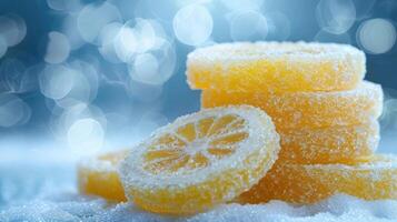 A close-up of sugar-coated lemon slices on a snowy surface with a blurred blue background. photo