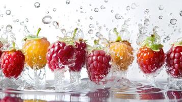 Fresh raspberries and yellow berries splashing in water, creating a vibrant, refreshing scene. photo