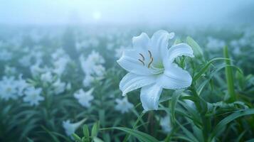 A close-up of a white lily in a misty field, surrounded by other blooming flowers. photo