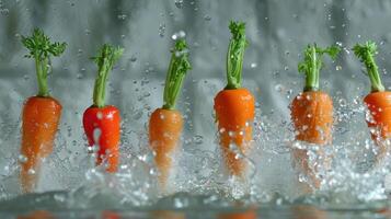 Fresh carrots splash in water, showcasing vibrant colors and dynamic movement. photo