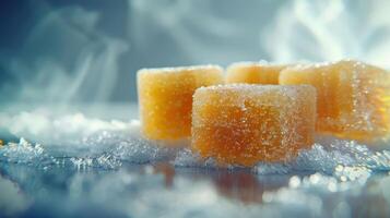 Close-up of sugar cubes on a reflective surface with a misty background. photo