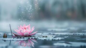 un sereno rosado loto flor flotadores en calma agua, rodeado por amable niebla y reflexiones foto