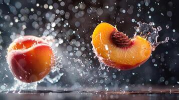 Juicy peaches and apples splashing in water, creating a vibrant, dynamic scene. photo