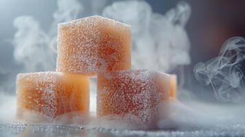 Four sugar cubes surrounded by mist, creating a visually striking and ethereal scene. photo