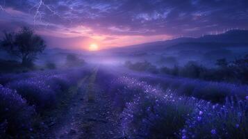 A serene lavender field at sunset, illuminated by lightning in the distance. photo