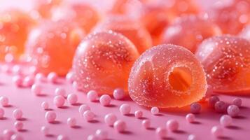 A colorful arrangement of jelly candies and small sugar balls on a pink surface. photo