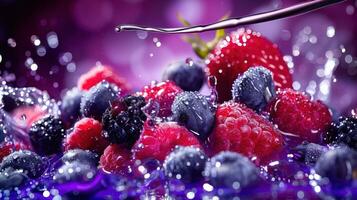 A vibrant display of mixed berries splashing in water, showcasing freshness and vitality. photo