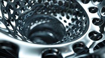 A close-up view of a metallic, hollow structure with intricate patterns and depth. photo
