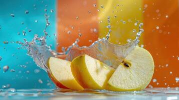 Slices of apple creating a splash in water against a colorful background. photo