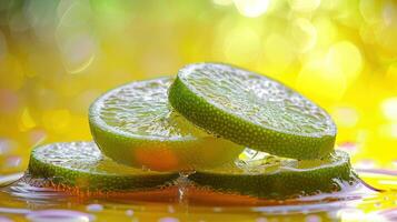 Three slices of lime submerged in bubbly water, creating a refreshing visual effect. photo