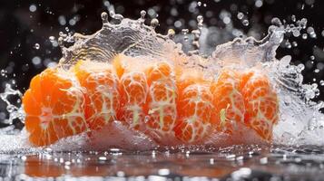 A vibrant orange segment splashes into water, creating dynamic droplets and ripples. photo