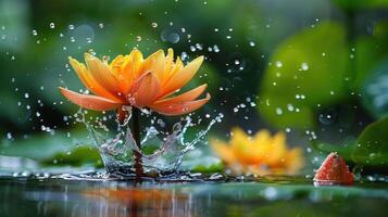 A vibrant water lily emerges from the water, surrounded by splashes and droplets. photo