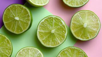Sliced limes arranged on colorful backgrounds, showcasing vibrant colors and textures. photo