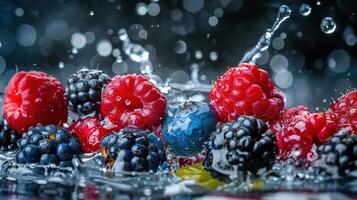 Fresh berries splashing in water, showcasing vibrant colors and dynamic movement. photo