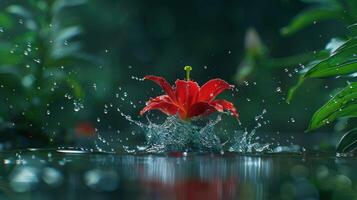 A vibrant red flower splashes in water, creating a dynamic scene filled with droplets. photo