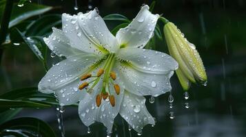 A close-up of a white lily with raindrops, surrounded by lush greenery. photo