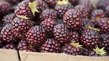 A close-up of fresh blackberries in a cardboard box, showcasing their rich color and texture. photo