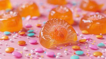 Colorful jelly candies on a pink background with sprinkles. photo