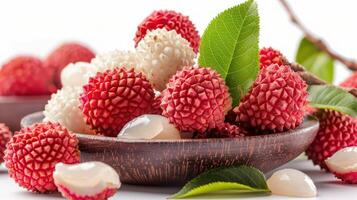 A bowl of fresh lychees with green leaves, showcasing their vibrant red and white colors. photo