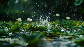 A serene pond scene with splashes of water and blooming lilies amidst rainfall. photo