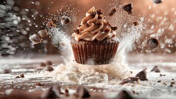 A chocolate cupcake is exploding with frosting and sprinkles, creating a dynamic dessert scene. photo