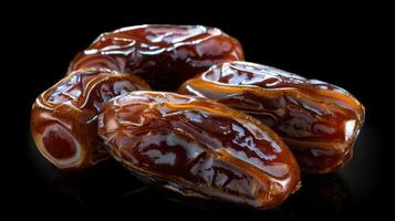 Three shiny, brown dates arranged on a dark background. photo
