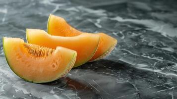 Slices of cantaloupe melon arranged on a dark marble surface. photo