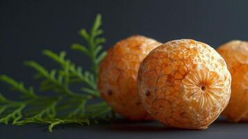 Three textured orange spheres with intricate patterns beside green foliage on a dark background. photo