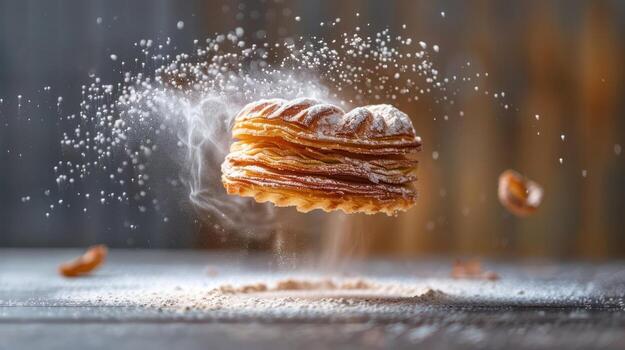 A floating pastry dusted with powdered sugar, creating a whimsical food photography effect. photo