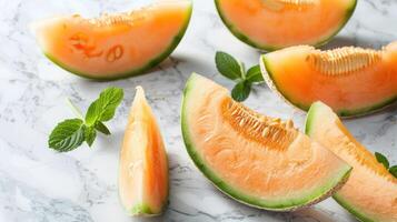 Slices of cantaloupe melon arranged on a marble surface with mint leaves. photo