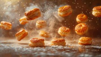 A dynamic display of floating pastries, capturing the essence of baking and indulgence. photo