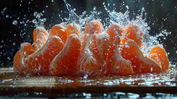 Juicy tangerine segments splashing in water, creating a vibrant and refreshing scene. photo
