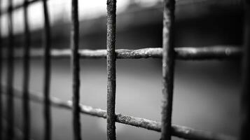 A close-up view of a metal fence, emphasizing its structure and texture in black and white. photo