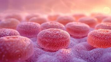 A close-up view of pink, textured cellular structures in a soft, illuminated environment. photo
