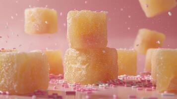 A playful arrangement of sugary cubes surrounded by colorful sprinkles on a pink background. photo