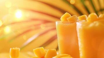 A vibrant display of mango-flavored treats with chunks, set against a tropical backdrop. photo