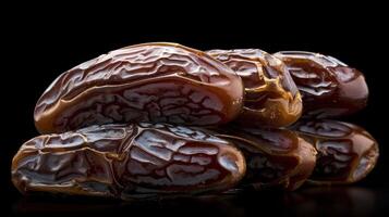 A close-up of shiny, plump dates stacked against a black background. photo