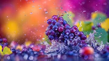 A cluster of grapes splashes into water, creating a vibrant, colorful backdrop. photo