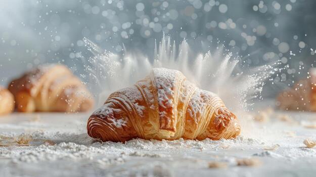 A croissant dusted with flour, creating a dynamic and appetizing visual effect. photo