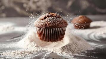 A floating chocolate muffin surrounded by flour, capturing a whimsical baking moment. photo