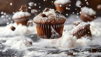 A floating chocolate cupcake surrounded by powdered sugar and chocolate chunks. photo