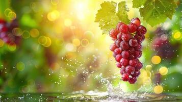 A cluster of red grapes splashes into water, surrounded by a soft, glowing background. photo